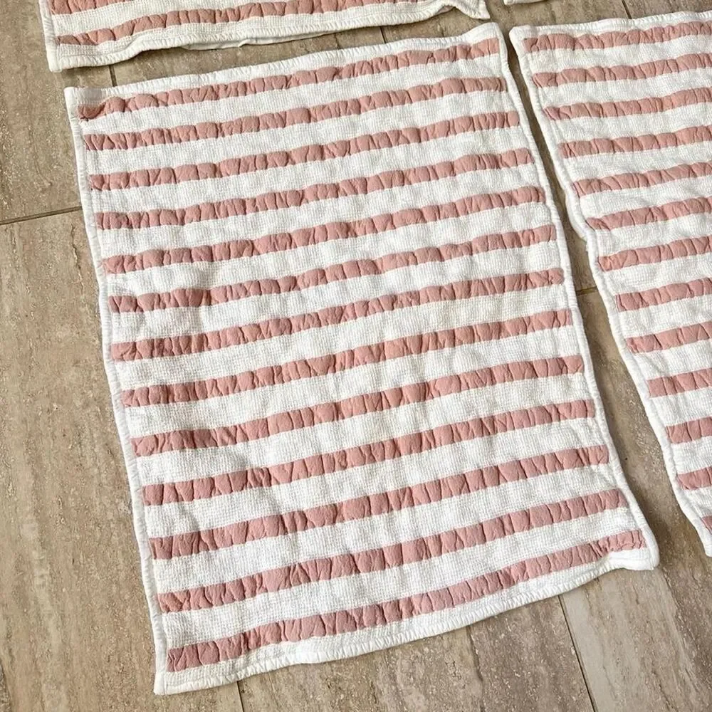 Crate & Barrel Organic Cotton Bedding Quilt set Pink White Waffle knit Striped